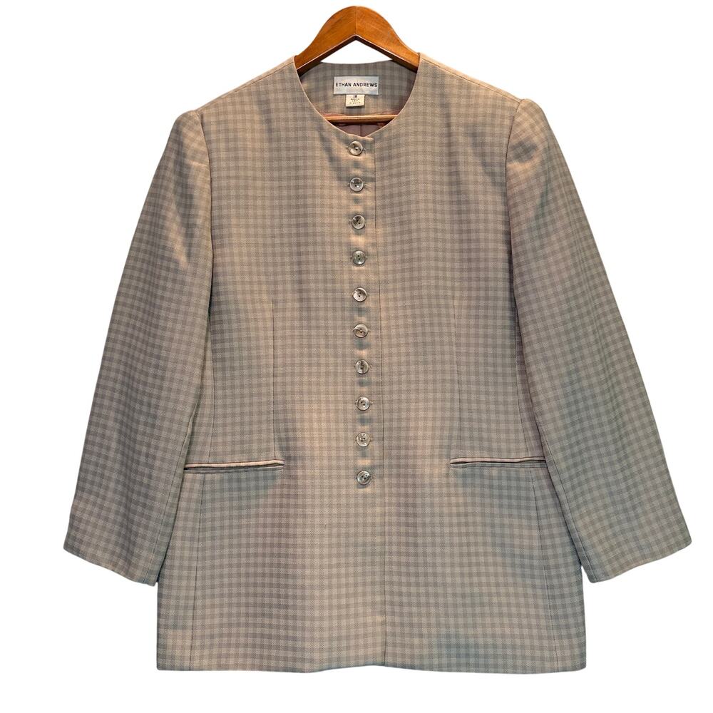 Vintage Ethan Andrews Jacket Womens 18 Beige Check Blazer Button Up Made in USA